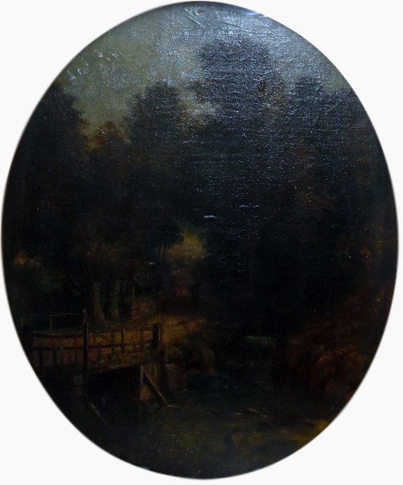 W Stone (1867-??) Oil on canvas Bridge over river in woodland, figure to the distance, signed lowe