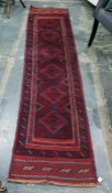 Meshwani wool runner with totem of lozenges in red, blue and ivory, stylised leaf border, 256 x