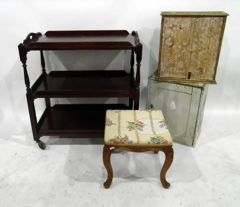 Two painted small wall cupboards, a walnut stool with upholstered top and cabriole legs and a