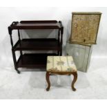 Two painted small wall cupboards, a walnut stool with upholstered top and cabriole legs and a