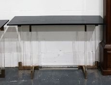 Pair of designer rectangular black glass topped console/side tables on heavy transparent perspex and