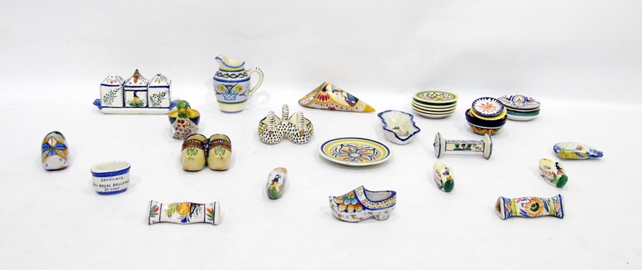 Assorted Quimperware items to include double-basin salt as pair of swans, various salts in the