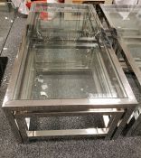 Glass rectangular top coffee table with matching pair of smaller tables, chromed steel frames,