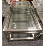 Glass rectangular top coffee table with matching pair of smaller tables, chromed steel frames,