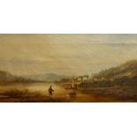 Jackson(?) (19th Century) Oil on canvas River scene with fishermen in foreground, buildings