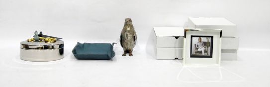 Cast silvered metal model of a penguin, a plated trinket box by Eichholtz, a leather clad dish and