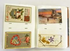 Early 20th century postcard album, various topographical, Valentine, Christmas, humorous, etc