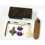 Chinese lacquered box and contents of silver bladed and mother-of-pearl handled folding fruit