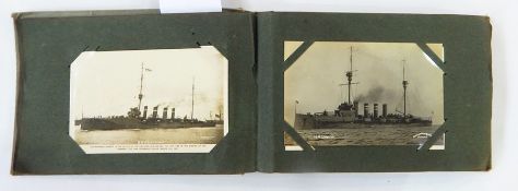 Postcard album containing WWI ship, steamship, regiment and other naval ships and a quantity of