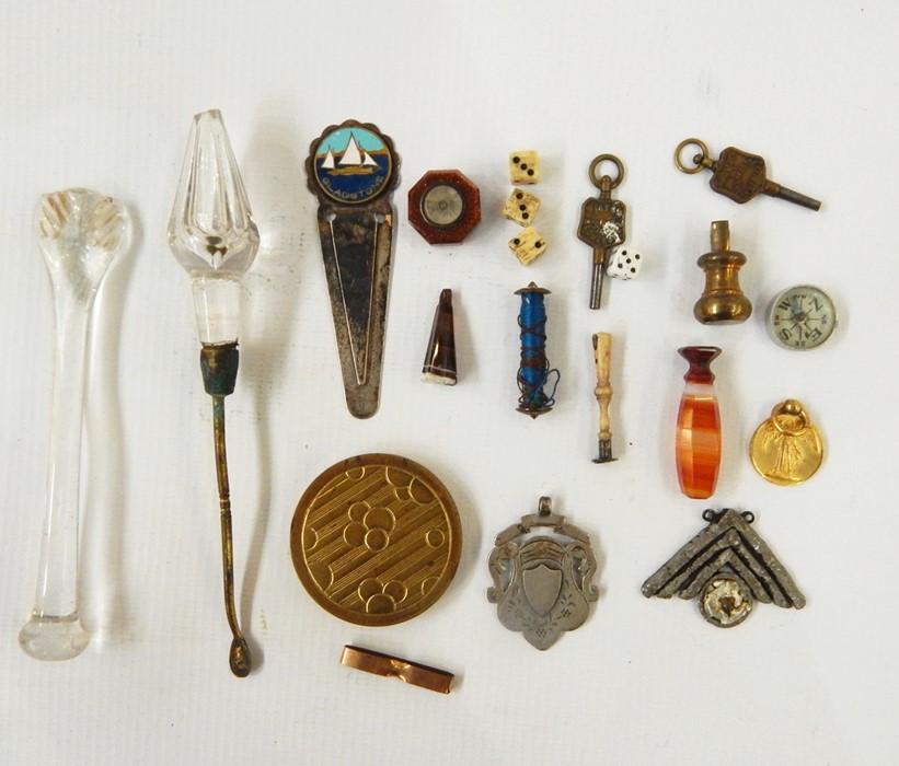 Birmingham silver medal, glass-handled snuff scoop, glass sugar crusher, electroplated and enamel