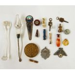 Birmingham silver medal, glass-handled snuff scoop, glass sugar crusher, electroplated and enamel