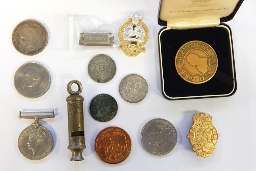 Assorted miscellaneous items to include 1971 USA dollar, miniature harmonica marked 'Victory',