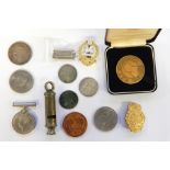 Assorted miscellaneous items to include 1971 USA dollar, miniature harmonica marked 'Victory',