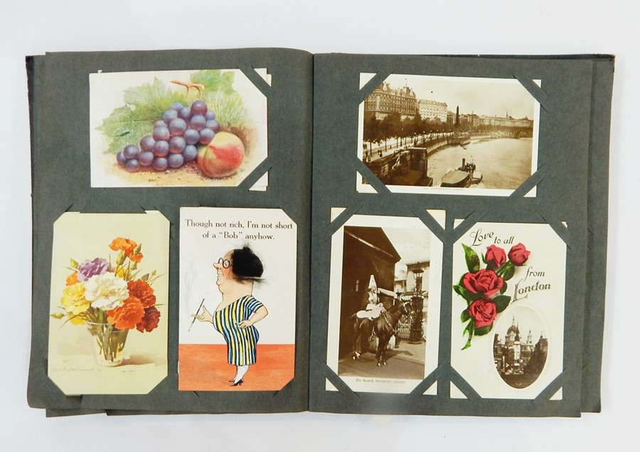 Black postcard album containing quantity of mixed 20th century cards, to include 1920's birthday