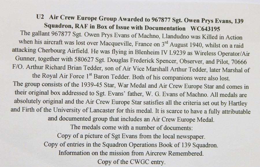 WWII Air Crew Europe Medal Group  awarded to 967877 SGT OWEN  PRY EVANS, 139 SQUADRON RAF, vis: - Image 2 of 5