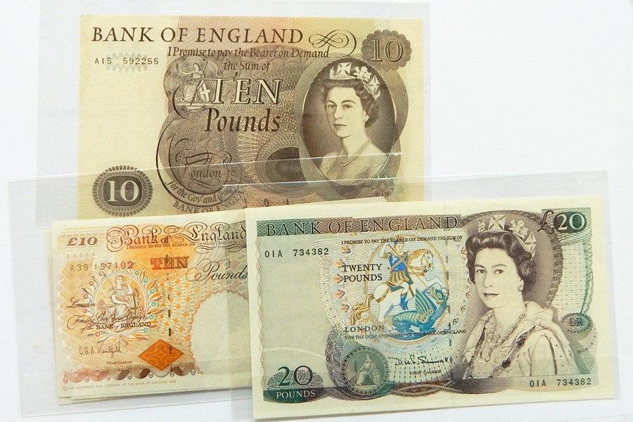 12 x G E A Kentfield 1991-1993 ten pound notes, 1 x D H F Somerset 1981-1984 twenty pound note and 1