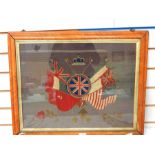 Military sampler inscribed Honi Soit Qui Mal Y Pense, with flags and crown, 43cm x 55cm (framed)