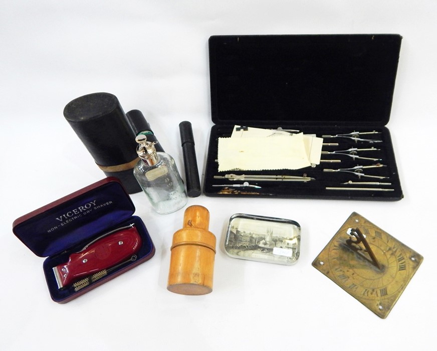 Various items to include brass sundial plaque, mercury thermometer, geometry set, various medical
