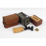 No.2 box brownie camera in case, brass and white metal whist marker, inlaid tunbridgeware cribbage