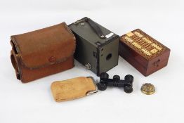 No.2 box brownie camera in case, brass and white metal whist marker, inlaid tunbridgeware cribbage