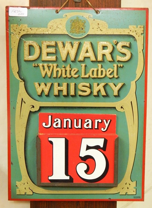 Dewar's 'White Label' whisky , embossed metal and cardboard wall hanging perpetual calendar , 40 x