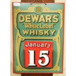 Dewar's 'White Label' whisky , embossed metal and cardboard wall hanging perpetual calendar , 40 x