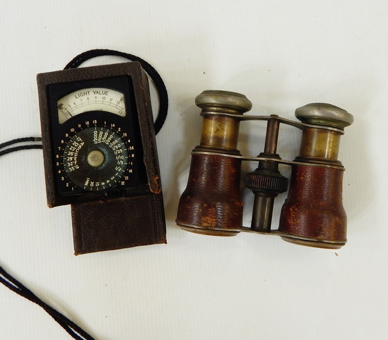 Pair lady's Le Sporting Club, Paris brass and morocco covered field/opera glasses and an Ilford