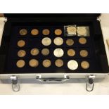 Aluminium coin case with contents of pennies and crowns