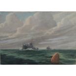 Oil on board Unattributed Naval Ships in Convoy 35 x51 cms  and Two watercolours, RAF planes on