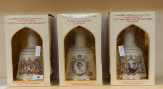 Three Wade commemorative Bells Whisky decanters commemorating the marriage of Lady Diana and