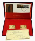 Two Sir Winston Churchill commemorative stamps in 18ct gold, designed by David Gentleman, produced