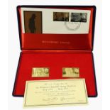 Two Sir Winston Churchill commemorative stamps in 18ct gold, designed by David Gentleman, produced