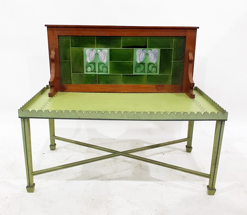 Art Nouveau green tiled back board and a green painted galleried coffee table (2)