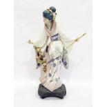 Lladro standing figure of a geisha with parasol and flowering branch, on integral square base,