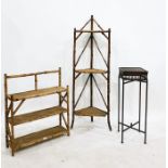 19th century bamboo corner whatnot, a further bamboo-framed whatnot and a modern standard lamp table