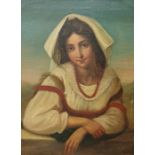 19th century  Oil on canvas Half-length portrait of a continental village girl leaning on a gate,