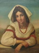 19th century  Oil on canvas Half-length portrait of a continental village girl leaning on a gate,