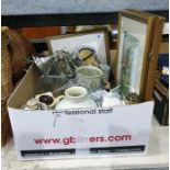 Box of assorted ceramics and glassware to include clam shape bowls, glass vase, print of cottage,