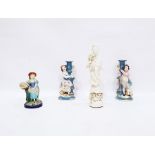 Chinese porcelain figure of Kuan Yin, on waterlily base, undecorated, 31cm high, pair tinted