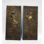 Pair of brass relief moulded rectangular door/wall plates in the Art Nouveau style, depicting