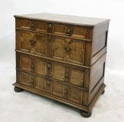 17th century style oak chest of four long drawers, variously graduated, each with pair brass drop