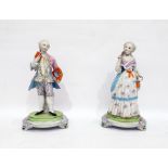 Pair of continental bisque porcelain figures of a gentleman and lady in 18th century costume, on