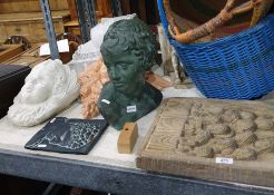 Quantity of garden ornaments and planters in the form of busts,cherubs. statuettes, stone plaque