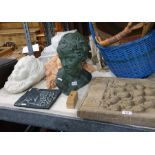 Quantity of garden ornaments and planters in the form of busts,cherubs. statuettes, stone plaque