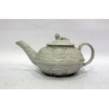 Early 19th century Wedgwood teapot, the grey glazed body with raised scrolling decoration and with