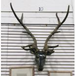 Wall-mounted carved wooden deer's head with large faux antlers (VAT payable on hammer)