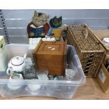 Three boxes of assorted ceramics and glassware to include picnic basket, glass decanters, books,
