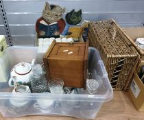 Three boxes of assorted ceramics and glassware to include picnic basket, glass decanters, books,