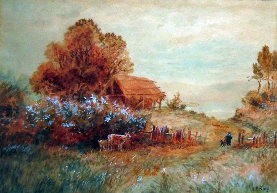 A E King Watercolour drawing  Pastoral scene with