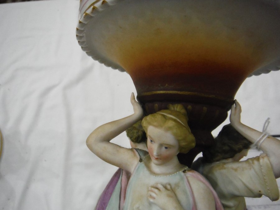 Late 19th/early 20th century coloured bisque porcelain centrepiece, the stem modelled with three - Image 7 of 11